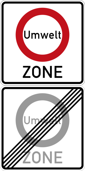 Verkehrzeichen "Anfang Umweltzone" und "Ende Umweltzone"