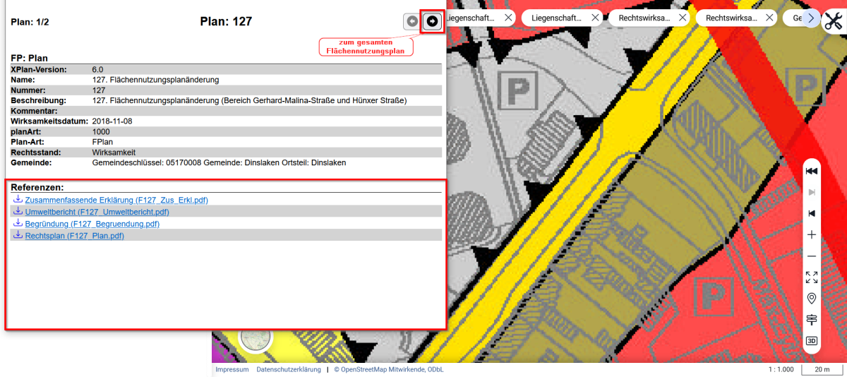 Screenshot aus dem GeoPortal, in welchem auf das Informationsfenster und den Downloadbereich hingewiesen wird.