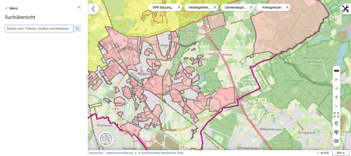 Screenshot aus dem GeoPortal, in welchem farblich markierte Bereiche im Stadtgebiet Dinslakens zu sehen sind.