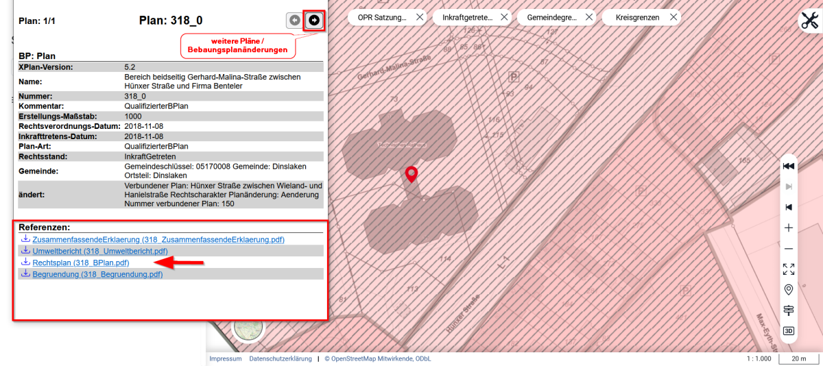 Screenshot aus dem GeoPortal, in welchem auf das Informationsfenster und den Downloadbereich hingewiesen wird.