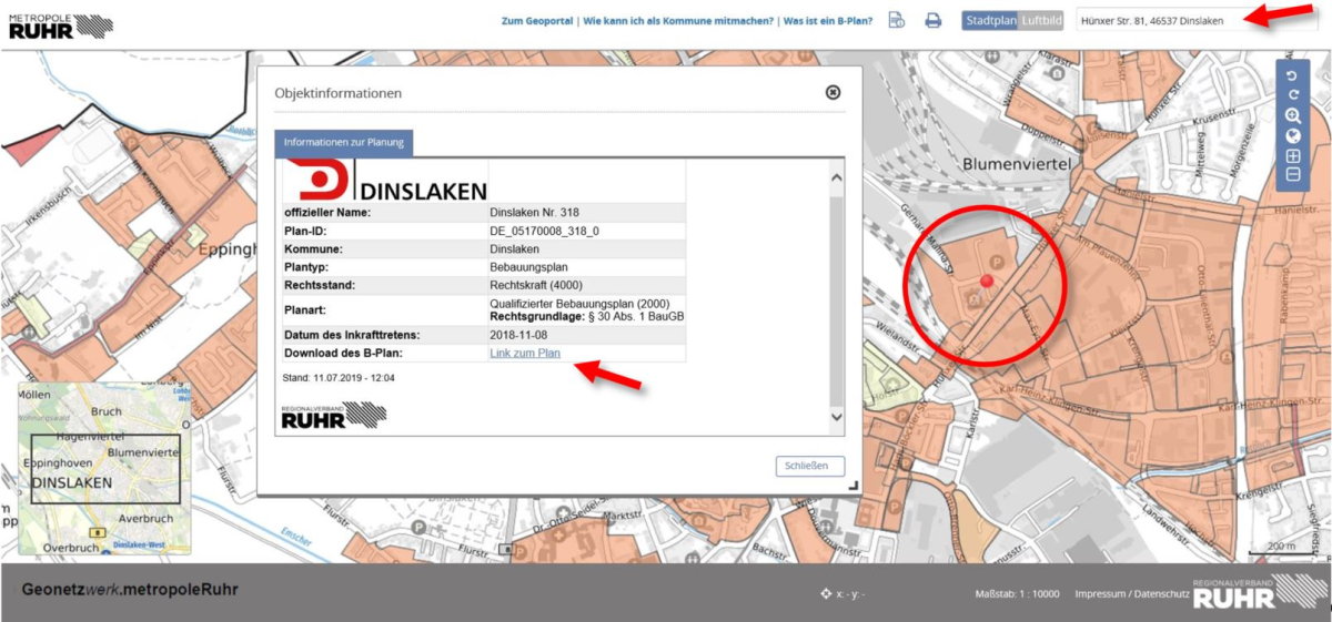rvr-bild-2.jpg Screenshot des Infofensters nach Eingabe der Suchadresse und Anklicken des B-Planbereiches