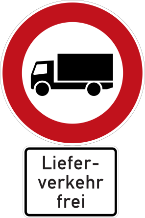 Verkehrszeichen "Lkw-Verbot" mit Zusatzzeichen "LLieferverkehr frei"