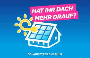 Das Logo zur Solarmetropole Ruhr mit dem Spruch: "Hat Ihr Dach mehr drauf?"