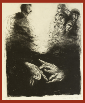 Schwarz-weiße Grafik von Karina Hubrich: eine Person links - 5 Personen rechts und drei Hände auf schwarzem Untergrund im unteren Bildteil