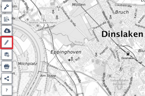 GEOportal.NRW Erklärung 1 Das Bild zeigt eine Darstellung eines Teils von der Stadt Dinslaken auf der Internetseite GEOportal.NRW. Die Karte ist in Schwarz-Weiß gehalten, mit Ortsnamen und Straßen eingezeichnet. Am linken Kartenrand ist eine Werkzeugleiste abgebildet, die mehrere Symbole enthält. Eines der Symbole – ein Stiftsymbol– ist durch ein rotes Rechteck hervorgehoben. Diese Werkzeugleiste ist Teil eines digitalen Kartentools, das Bearbeitungs- oder Markierungsfunktionen bietet.