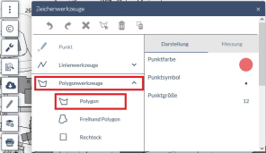 GEOportal.NRW Erklärung 2 Das Bild zeigt ein Fenster des GEOportals.NRW, das als "Zeichenwerkzeuge" betitelt ist. Dieses Fenster gehört zu dem digitalen Kartentool, das Funktionen zum Bearbeiten oder Markieren von Karten bietet. Auf der linken Seite ist die Kategorie "Polygonwerkzeuge" aufgeklappt. Innerhalb dieser Kategorie ist die Option "Polygon" deutlich hervorgehoben, da sie von einem roten Rahmen umgeben ist. Weitere Optionen in dieser Kategorie sind "Freihand Polygon" und "Rechteck", die nicht hervorgehoben sind.