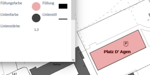 GEOportal.NRW Erklärung 3 Das Bild zeigt einen Ausschnitt einer digitalen Karte mit einem farblich hervorgehobenen Bereich, der als „Platz D’ Agen“ bezeichnet ist. Der Bereich ist rosa eingefärbt und umrandet. Rechts oben im Bild sind Gestaltungselemente für die Kartendarstellung angezeigt. Im gezeigten Fenster werden verschiedene Darstellungsoptionen für die Zeichenwerkzeuge beschrieben.