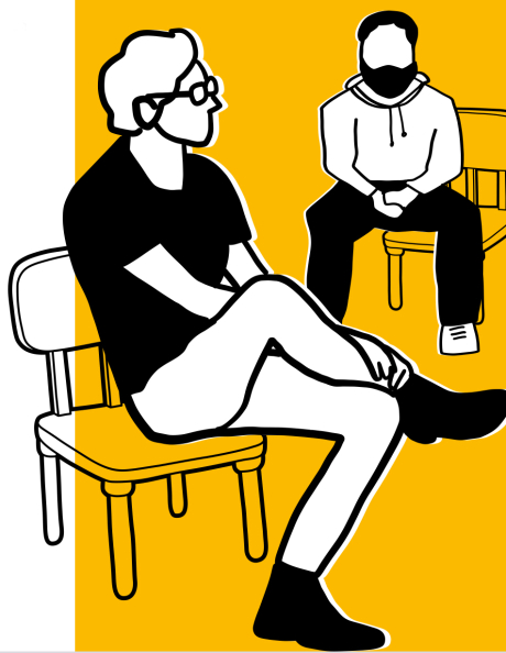 Flyer für das Erzihernetzwerk: Zeichnung von zwei Männern auf kleinen Stühlen