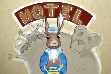 Zeichnung Hase vor Hotel