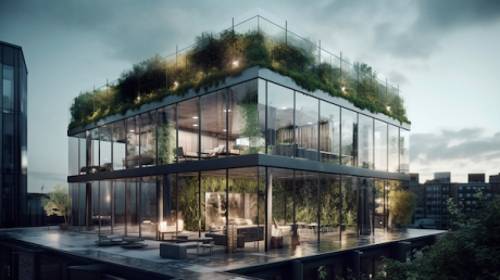 Modernes Glashaus mit Fassadengrün Modernes Glashaus mit Fassadengrün