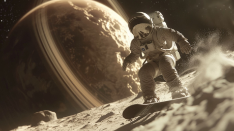 Astronaut mit einem Snowboard auf einem Planeten Astronaut mit einem Snowboard auf einem Planeten