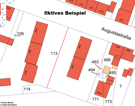 Beispiel für eine Grundstücksteilung Plan, auf dem eine Grundstücksteilung exemplarisch dargestellt wird.