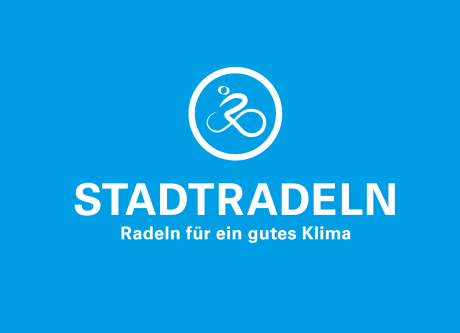 weißes Logo der Aktion STADTRADELN auf blauem Hintergrund